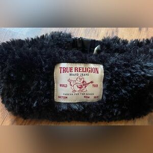 black, faux-fur ear warmer or headband True Religion Brand Jeans tag